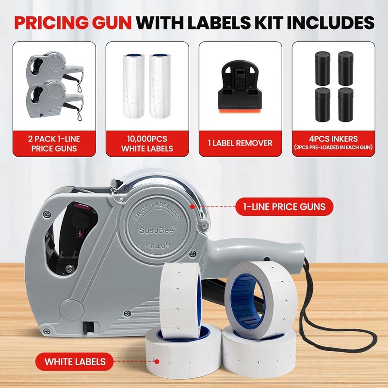 SusuBee 2 Pack Price Gun - 1 Line Label Pricing Gun with 10,000pcs White Labels Handheld Date Code Prices Labels Maker with Pre-Loaded Inks & Label Remover for Retails, Yard Sales, Groceries, Supermarket - Image 2